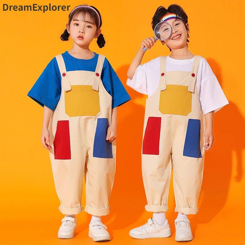 Boys Hip Hop Colored T-shirt Loose Contrast Overalls Girls Patchwork Dungaree Child Jumpsuit Street Dance Romper Kids Streetwear - Image 4