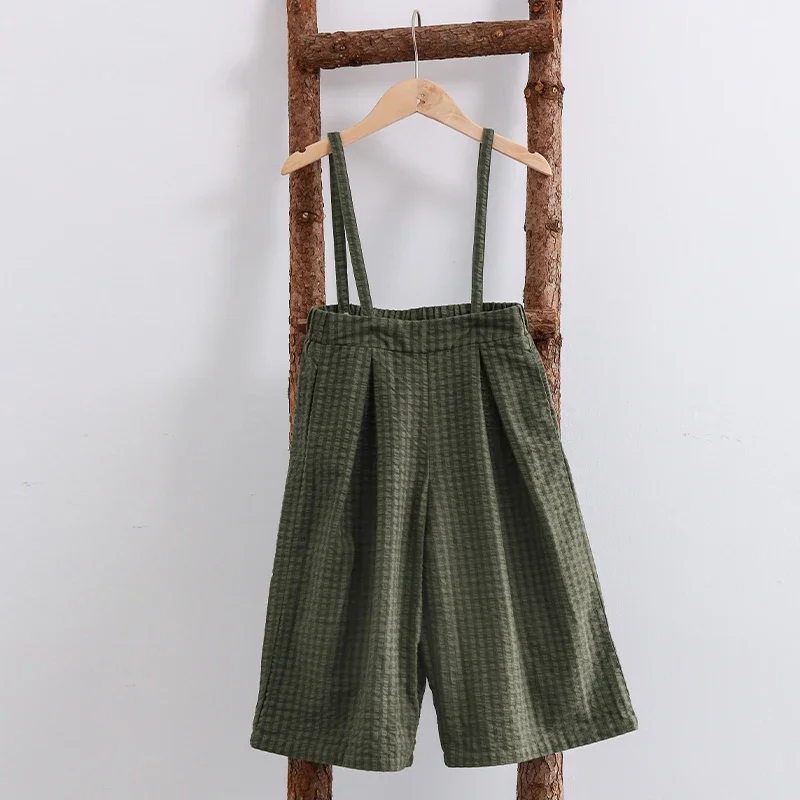 Girls College Style Cotton Linen Plaid Overalls Summer New Kids Loose Straight Jumpsuit Casual Removable Straps Wide Leg Pants - Image 4