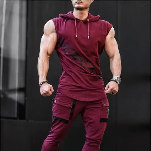 Men's leisure sports vest fitness show muscle men's sports leisure running training clothes sleeveless hooded vest outdoor stree - Image 3