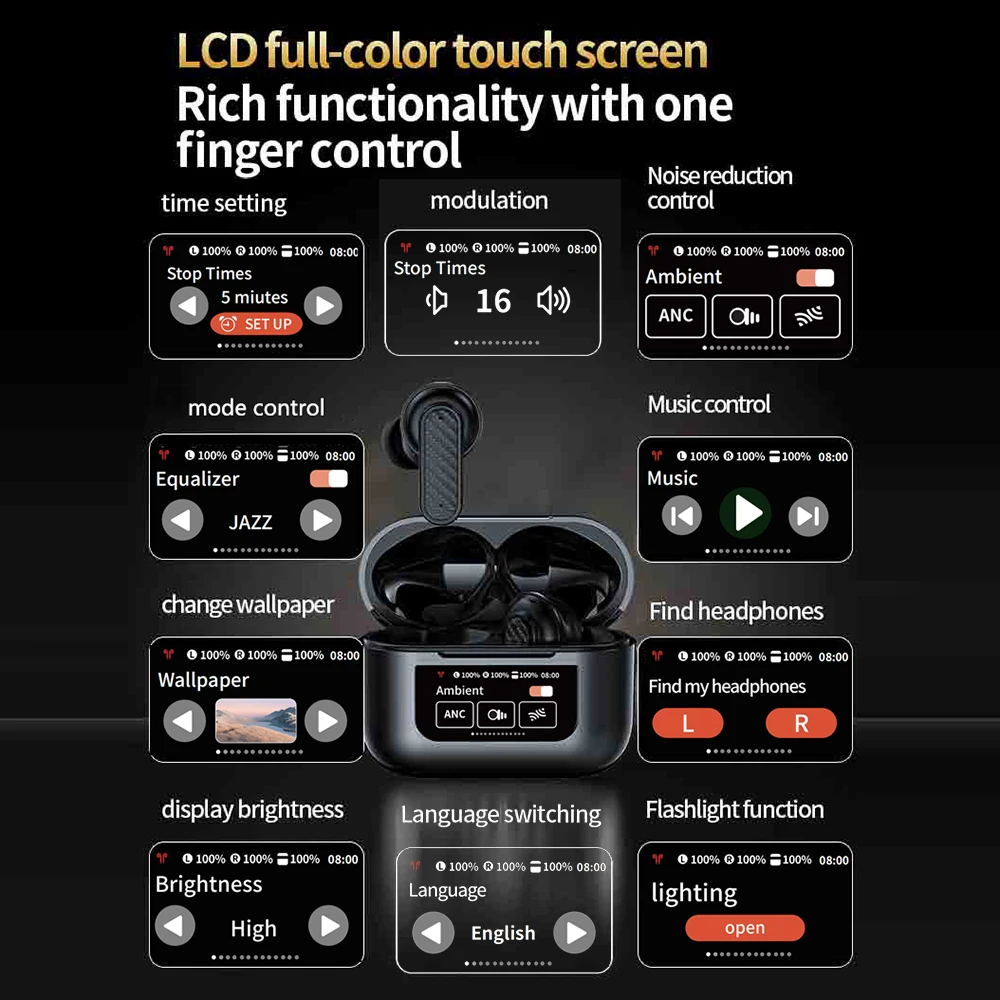 Bluetooth 5.4 Earphones Color Screen Touch Control Headsets Wireless Headphones HiFi Stereo Noise Reduction Super Bass Earbuds - Image 2
