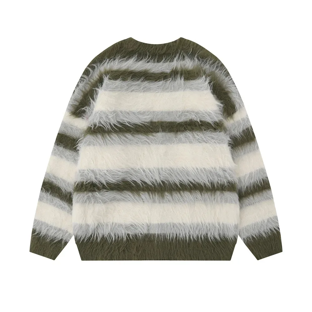 Striped Plush V-neck Sweater Men's Loose Casual Brushed Knit Trendy Couple Versatile Comfortable Harajuku High Street Cardigan - Image 2