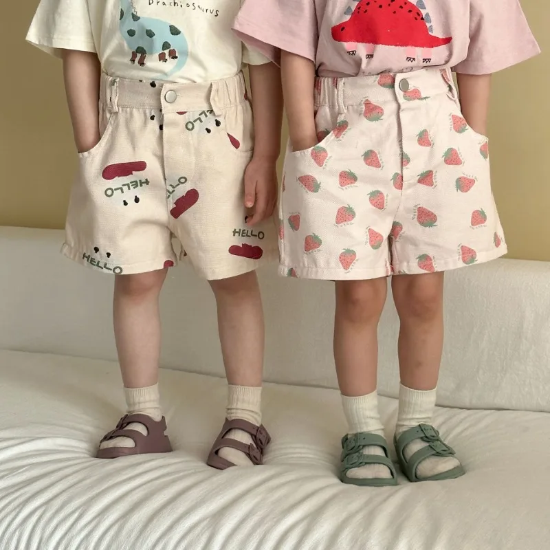 Kids Summer Cotton Shorts Strawberry Cartoon Print Boys Casual Loose Short Pants Girls Elastic Waist Baby Knee-length Pants - Image 2