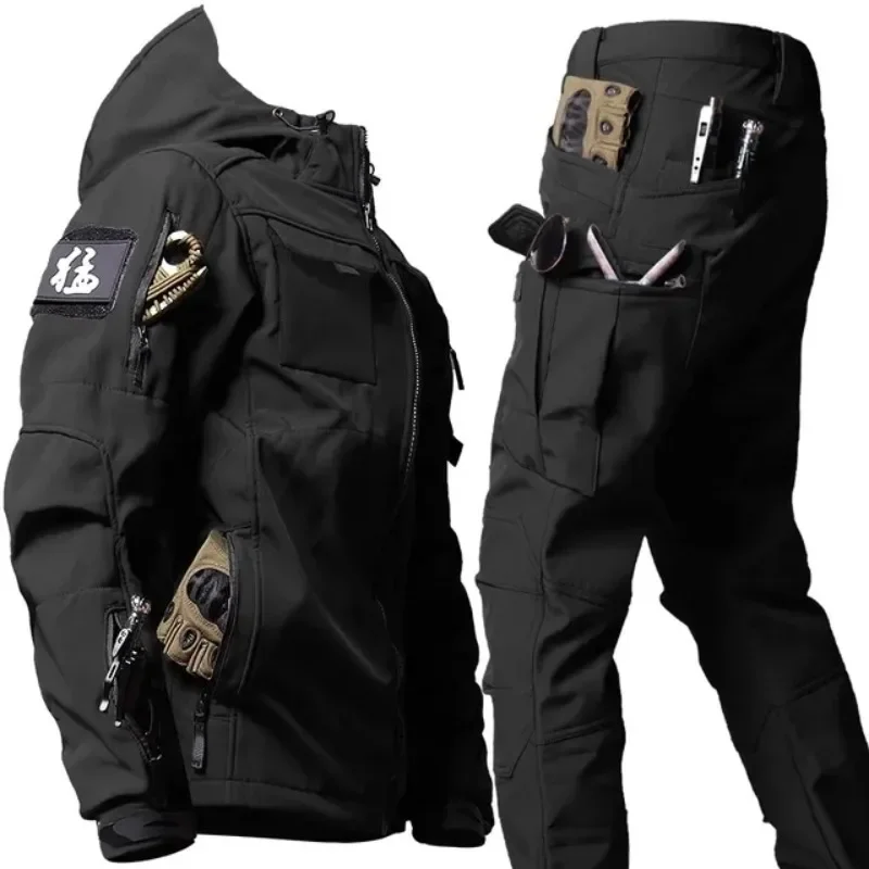 Mens Thicken Tactical Set Windproof Waterproof Outdoor Suit Soft Shell Multi-Pocket Hooded Jackets+Fleece Work Pants 2-piece - Image 2