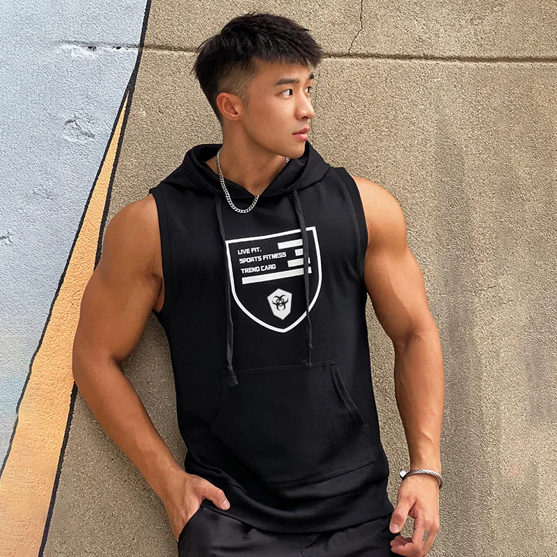 Hooded Print Cotton Gyms Clothing Mens Bodybuilding Tank Top Sleeveless Vest Sweatshirt Fitness Workout Sportswear Tops Male - Image 6