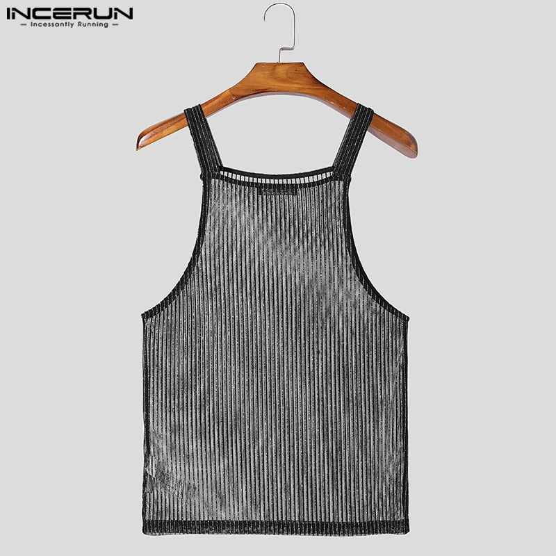 INCERUN Tops 2025 American Style Fashion Men Sparkling Fabric Stripe Perspective Mesh Vests Casual Clubwear Male Thin Tank Tops - Image 2
