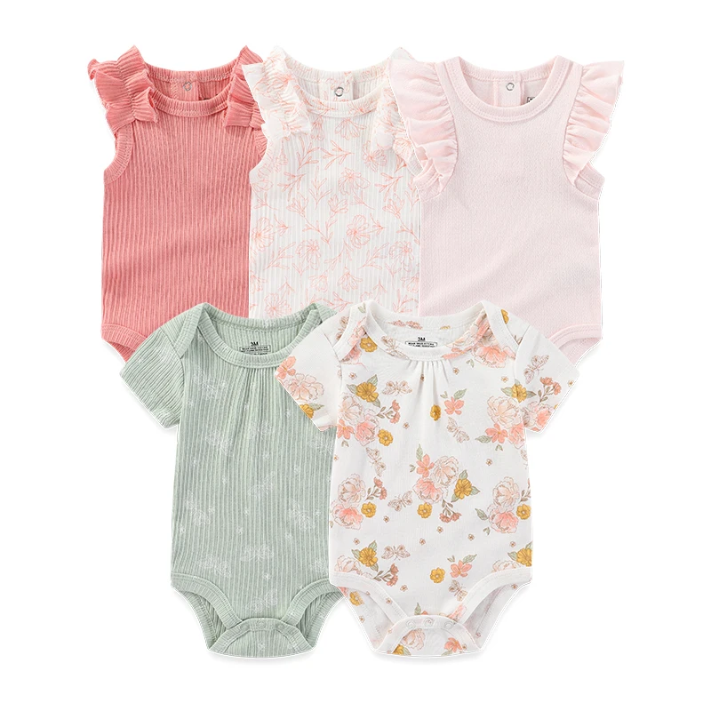5Pieces Unisex New Born Bodysuits Print Summer Cotton Baby Girl Clothes Sleeveless Cartoon Baby Boy Clothes Set Solid Color - Image 5