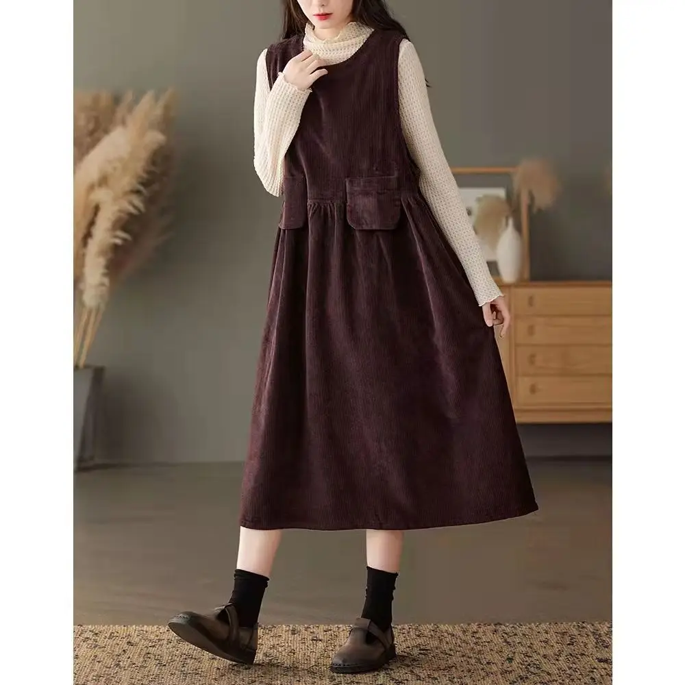 Corduroy Strap Dress for Women 2024 Autumn/Winter New Style Retro Style Small Loose Medium Length Tank Top Skirt - Image 2