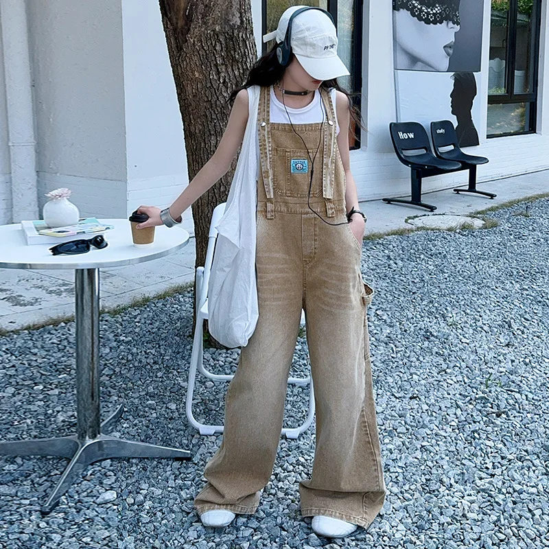 summer teen girls water washed punk wide leg jumpsuit junior kids loose slimming casual Cowboy overalls 4-14 child ropa trousers - Image 5
