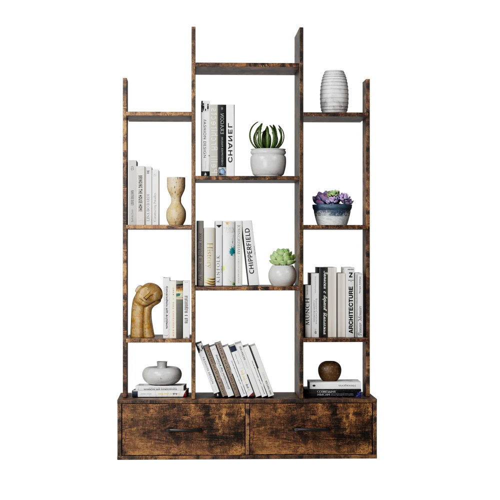 Bookshelf with 2 Drawers,Industrial Freestanding Open Display Shelving,Vintage Open Bookcase,Book Case for Bedroom, Living Room - Image 6