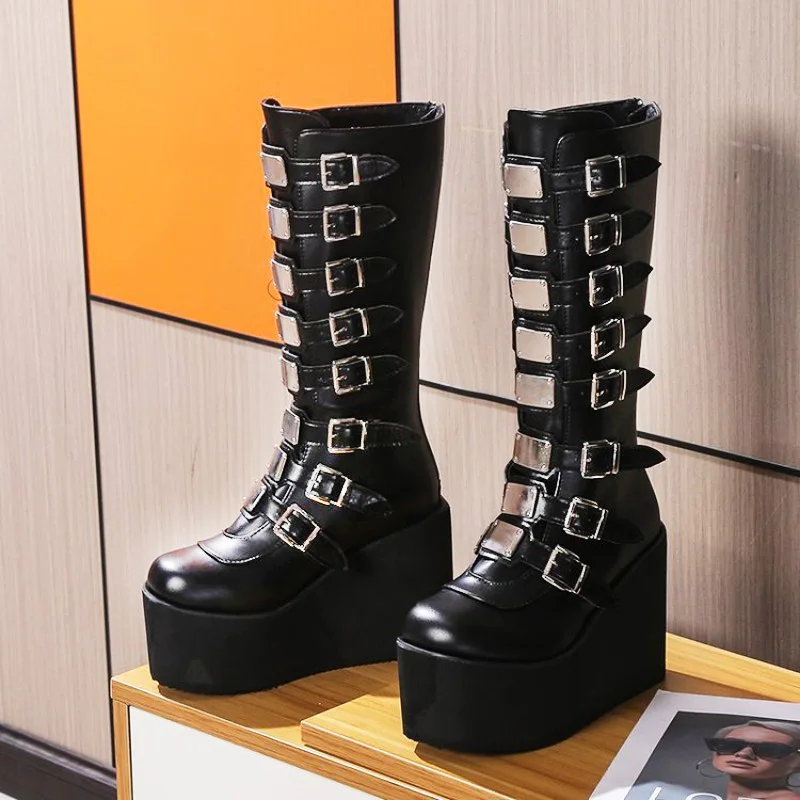 New Women's Cosplay Boots Multi-row Belt Buckle Long Tube Leather Knight Boot Punk Gothic Classic Black High Heel Shoe Knee-High - Image 3