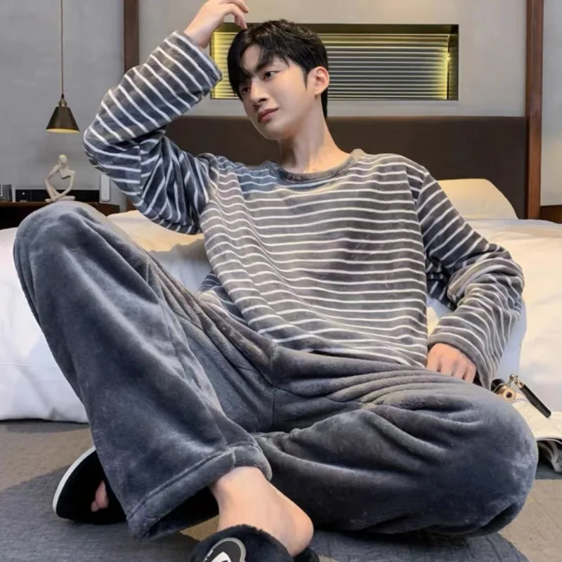 Winter Flannel Pajamas Men Korean Version of the Striped Padded Long-Sleeved Cartoon Nightwear Homewear Set Sleepwear Loungewear - Image 2