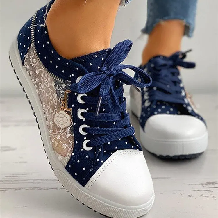 Women's Flat Shoes, Multifunctional Mesh Casual Shoes Round Toe Design Oversized Student Lace Up Hollow Out Casual Canvas Shoes - Image 4