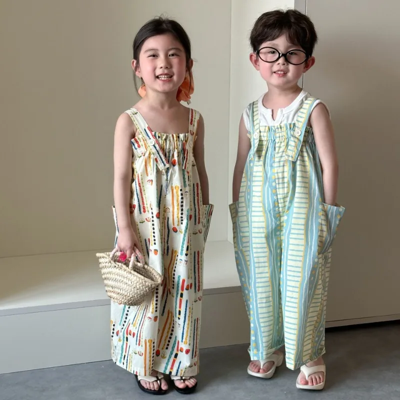 Kids Overalls Vacation Style Girls Big Pockets Straps Wide Leg Pants 2025 Spring Summer Boys Loose Thin Style Casual Trousers - Image 2