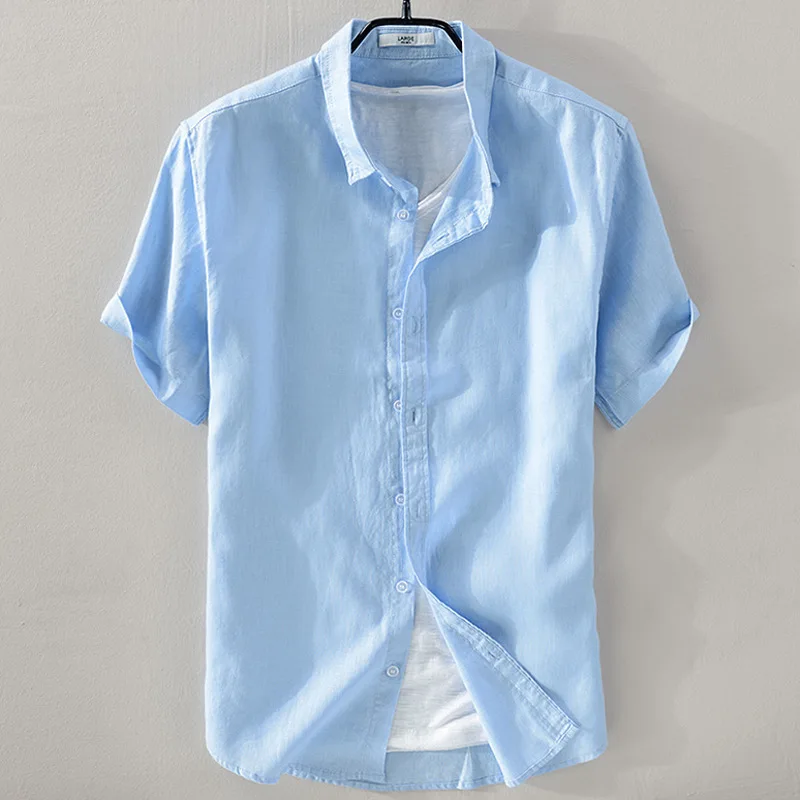 2025 Pure Linen Short Sleeved Shirt Men's Linen White Shirt Cotton Linen Men's Upper Garment Men's Casual Summer Half Sleeved - Image 3
