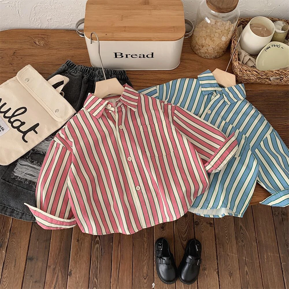 2025 Spring Fall Boys and girls Vertical stripes shirts Kids children turn-down collar casual blouses Tops - Image 2