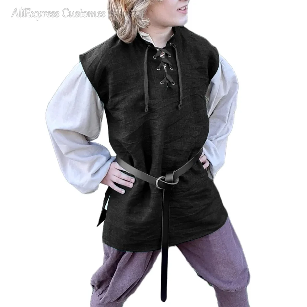 Children Boys Girl Medieval Renaissance Grooms Pirate Tunic Top Larp Costume Lace Up Shirt Middle Age Viking Cosplay Warrior Top - Image 2