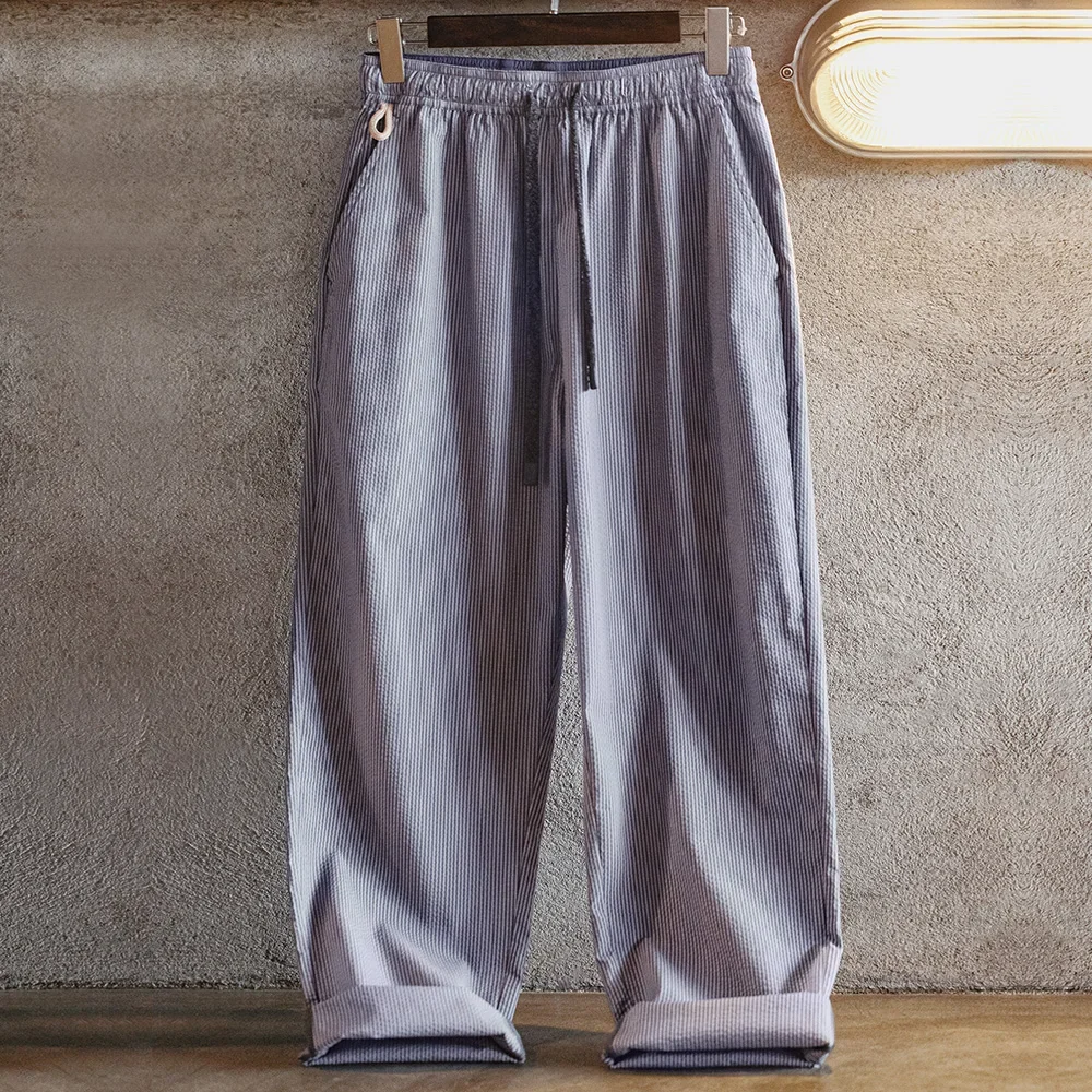 Maden Easypants Seersucker Striped Casual Pants with Elastic Waist And Drawstring Design Iron-free Straight Trousers for Men - Image 5