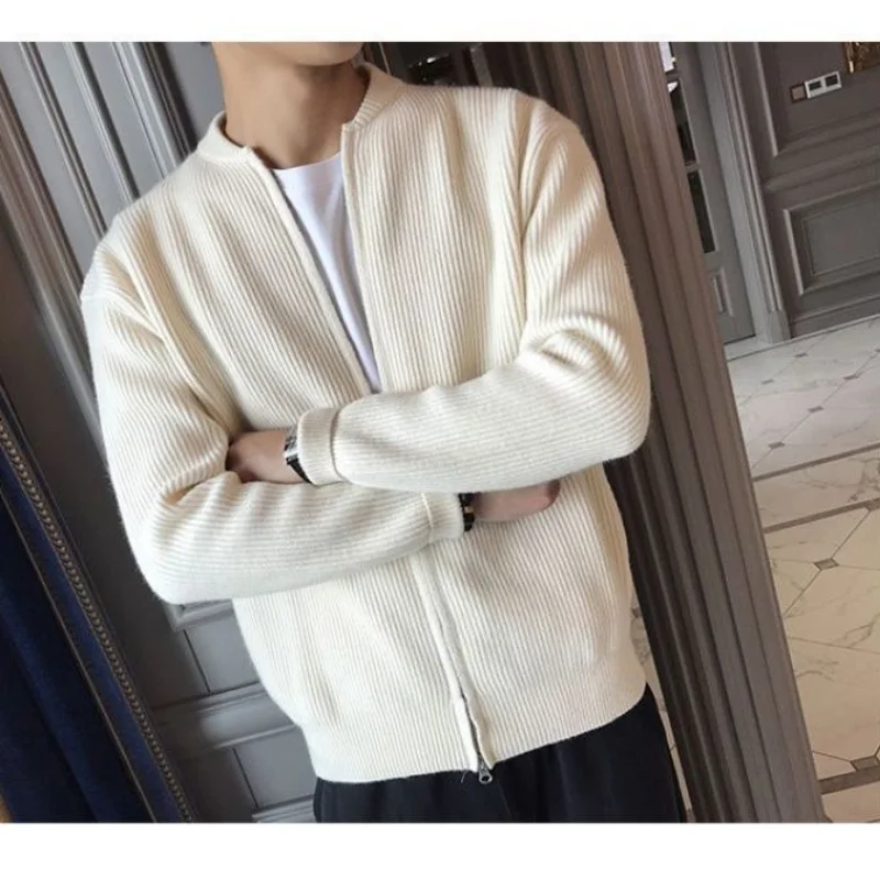 2023 New Spring and Autumn Korean Edition Trend Stand Collar Solid Color Pit Stripe Slim Fitting High-end Men's Sweater Cardigan - Image 2