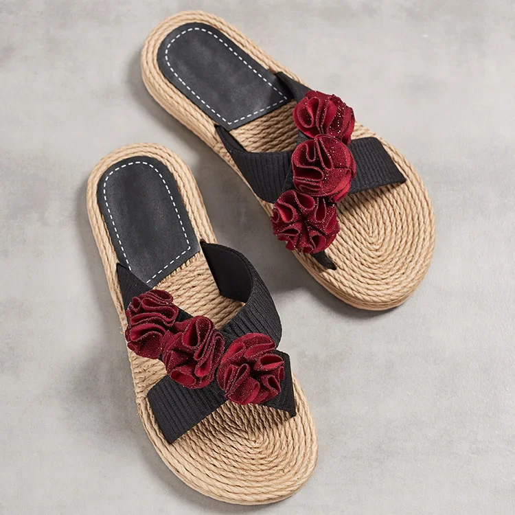 Handmade Ladies Home Slipper Hemp Straw Women Sandals Casual Outdoor Cross Slipper Female Summer Beach Wear Flat Heel Shoes - Image 2