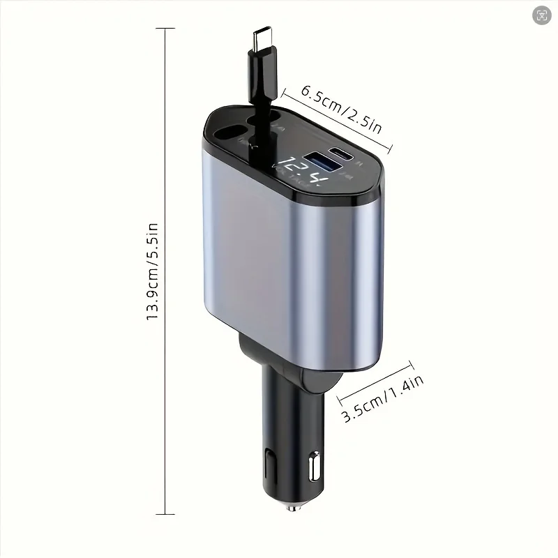 Retractable Car Charger, 100W Super Fast Charger, Car Phone Charger, 4 IN 1 Car Charger with Retractable Cable USB & Type-C Port - Image 3