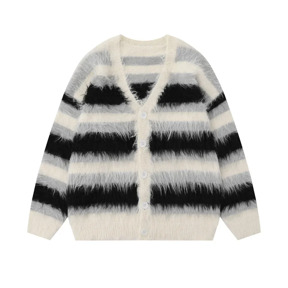 Striped Plush V-neck Sweater Men's Loose Casual Brushed Knit Trendy Couple Versatile Comfortable Harajuku High Street Cardigan - Image 3