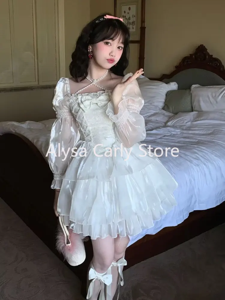 Japanese Sweet Fairy Lolita Dress Women White Mesh Elegant Princess Dress Female Bow Casual Evening Party Dress Summer 2023 Slim - Image 6