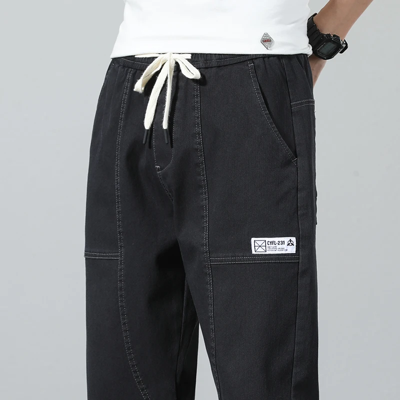 2024 Spring Summer Jeans Men Cotton Thin Beam Feet Harem Pants Elastic Drawstring Waist Light blue Joggers Trousers Male 28-38 - Image 4