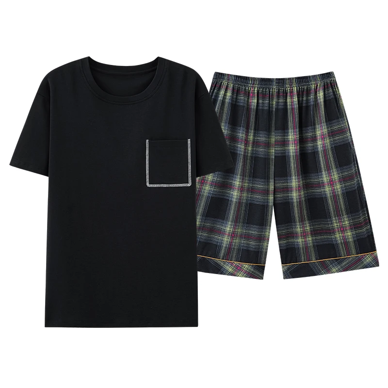 Men Pajamas Short Sleeve Shorts Cotton Plaid O-neck Sleepwear Men Summer Home Clothes Big Yards L-4XL Young Male Homewear Set - Image 5