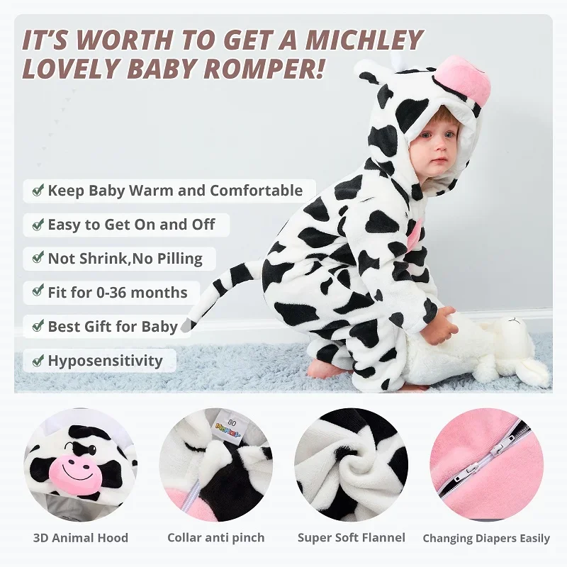 MICHLEY Winter Baby Rompers Hooded Flannel Cosplay Toddler Infant Clothes Overall Bodysuits Jumpsuit Costume For Kids Girl Boy - Image 6