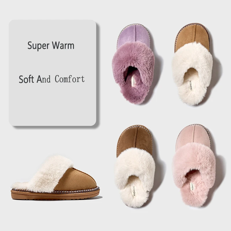 Kidmi Fashion Fuzzy Cotton Slippers For Women Indoor Non-slip Faux Fur Collar Fluffy Slides Winter Soft Cozy Plush House Shoes - Image 6