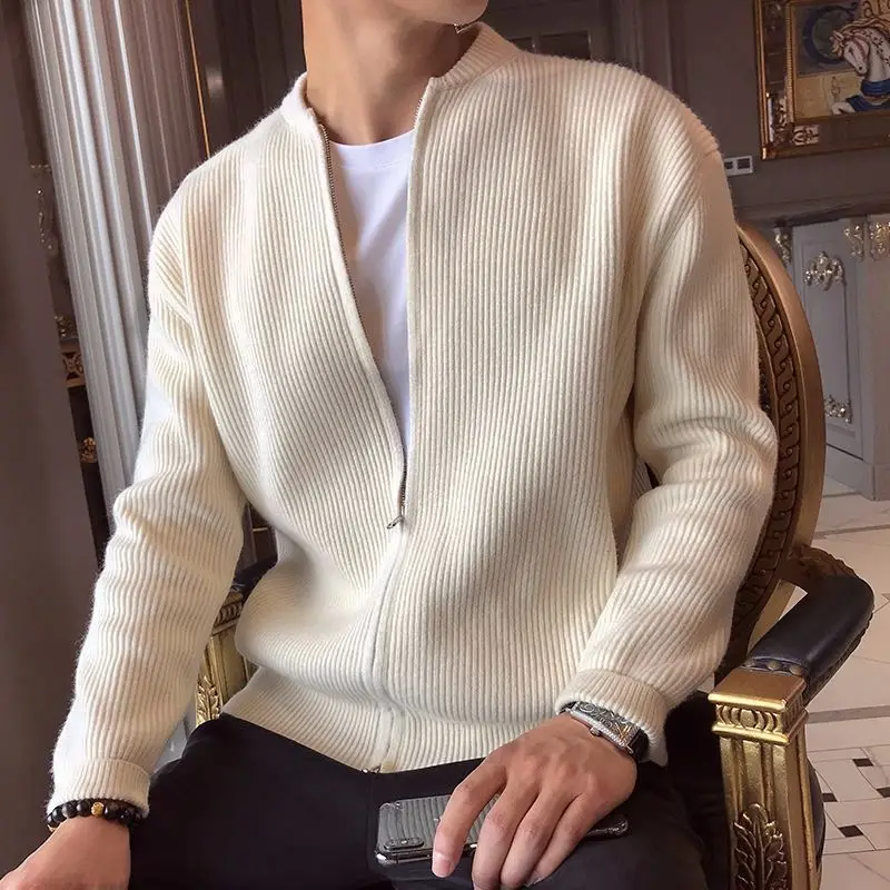 2023 New Spring and Autumn Korean Edition Trend Stand Collar Solid Color Pit Stripe Slim Fitting High-end Men's Sweater Cardigan - Image 3