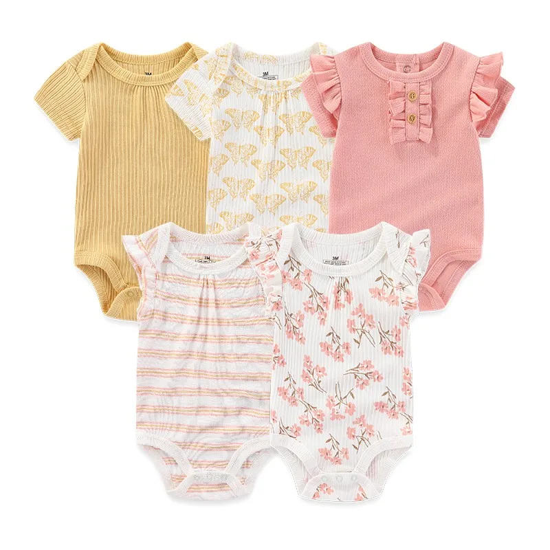 5Pieces Unisex New Born Bodysuits Print Summer Cotton Baby Girl Clothes Sleeveless Cartoon Baby Boy Clothes Set Solid Color - Image 4