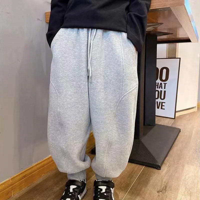 Autumn Kids Boys Solid Sweatpants Ankle Length Harem Pants 3+y Young Children Clothing Winter Girls Fleece Warm Sport Trousers - Image 2