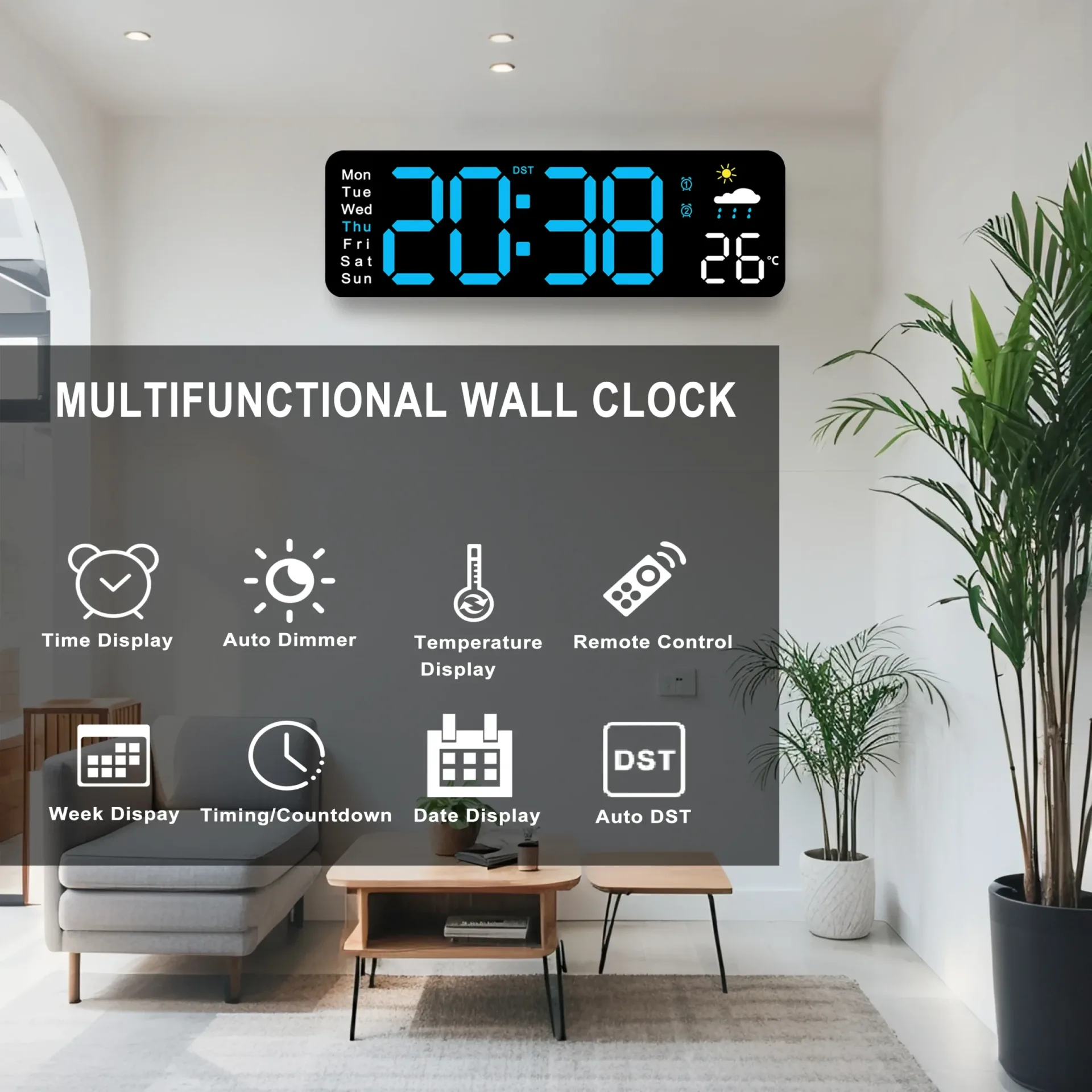 Digital Clock, 11"Display LED Wall Clock for Home Decor, Alarm, Timer, Automatic Brightness Dimmer Clock with Day/Date/Temp - Image 2