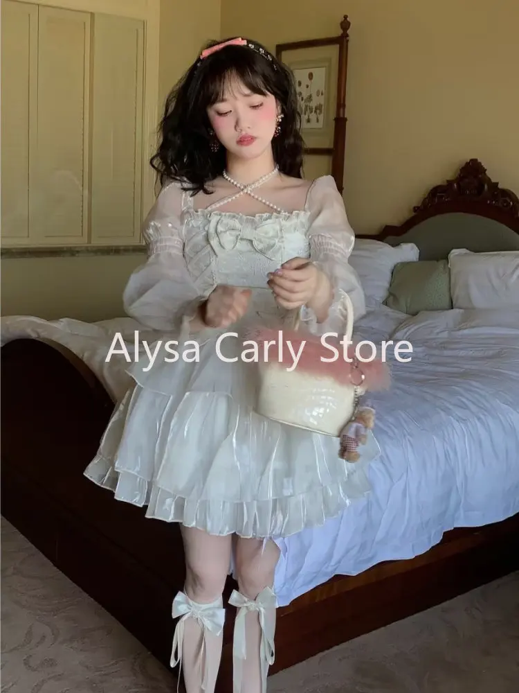 Japanese Sweet Fairy Lolita Dress Women White Mesh Elegant Princess Dress Female Bow Casual Evening Party Dress Summer 2023 Slim - Image 5