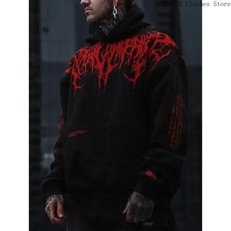Men's Evil Blood Large Pattern Hoodie Unique Personality Casual Hoodie Autumn / Winter Thickened Warm Black Hoodie for Men Full - Image 2