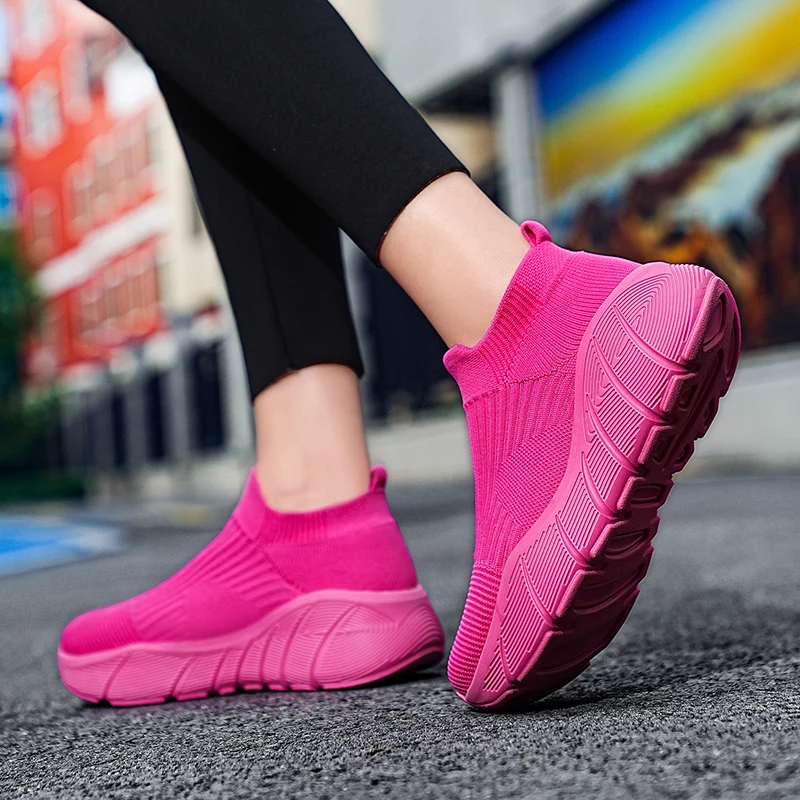 Fashion Platform Sports Shoes Men Orange High Top Knit Casual Sneakers Women Lightweight Breathable Slip-on Men's Running Shoes - Image 6