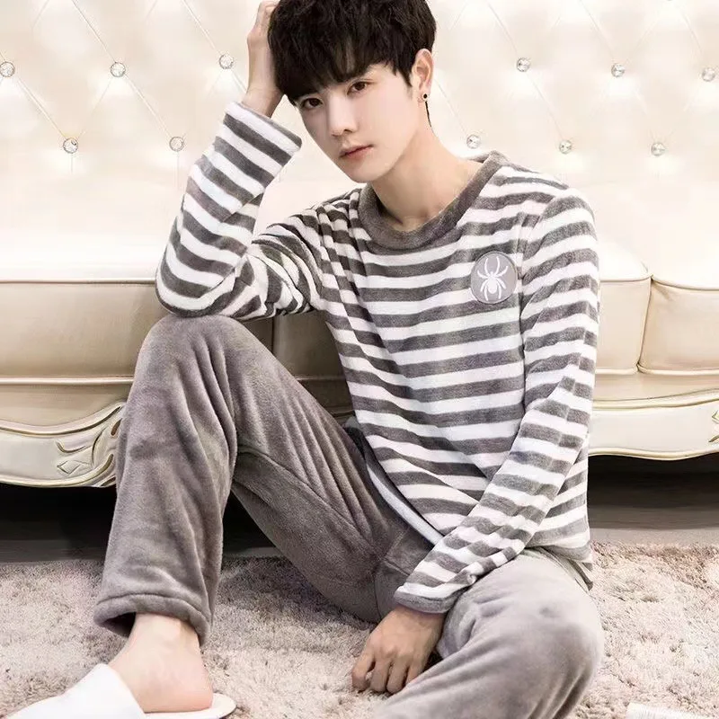 Winter Flannel Pajamas Men Korean Version of the Striped Padded Long-Sleeved Cartoon Nightwear Homewear Set Sleepwear Loungewear - Image 5
