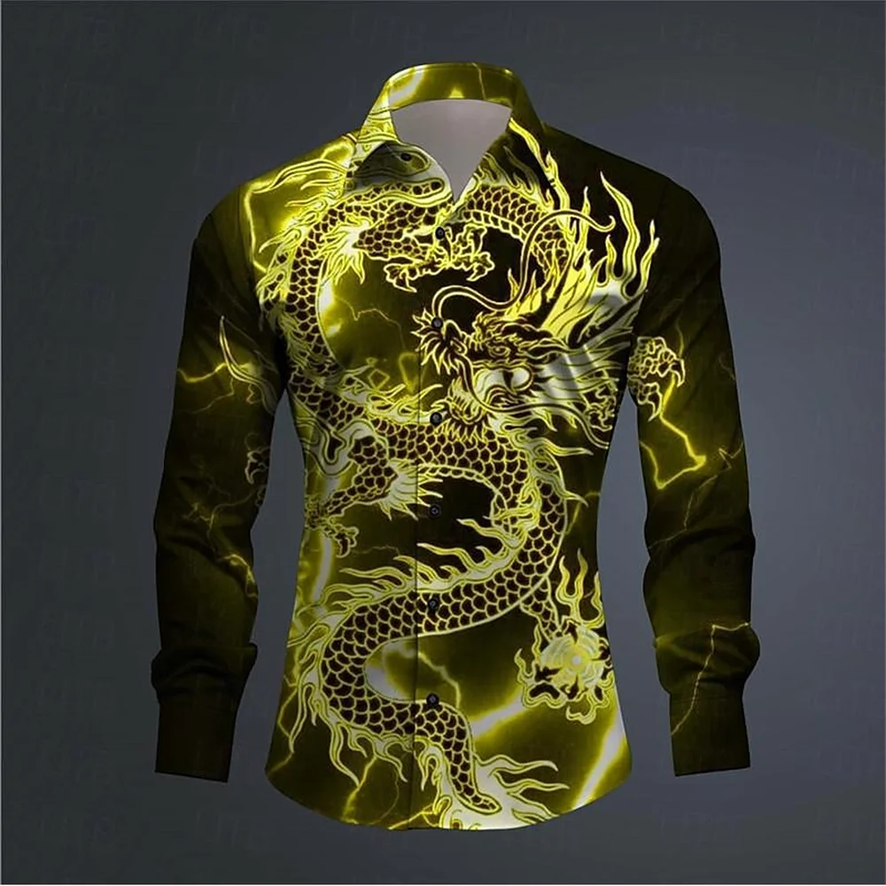 Hawaii Men's 3D Printed Dragon Print Roll-down Button-down Shirt Outdoor Street Long Sleeve Clothing Fashion Casual Beach Style - Image 3