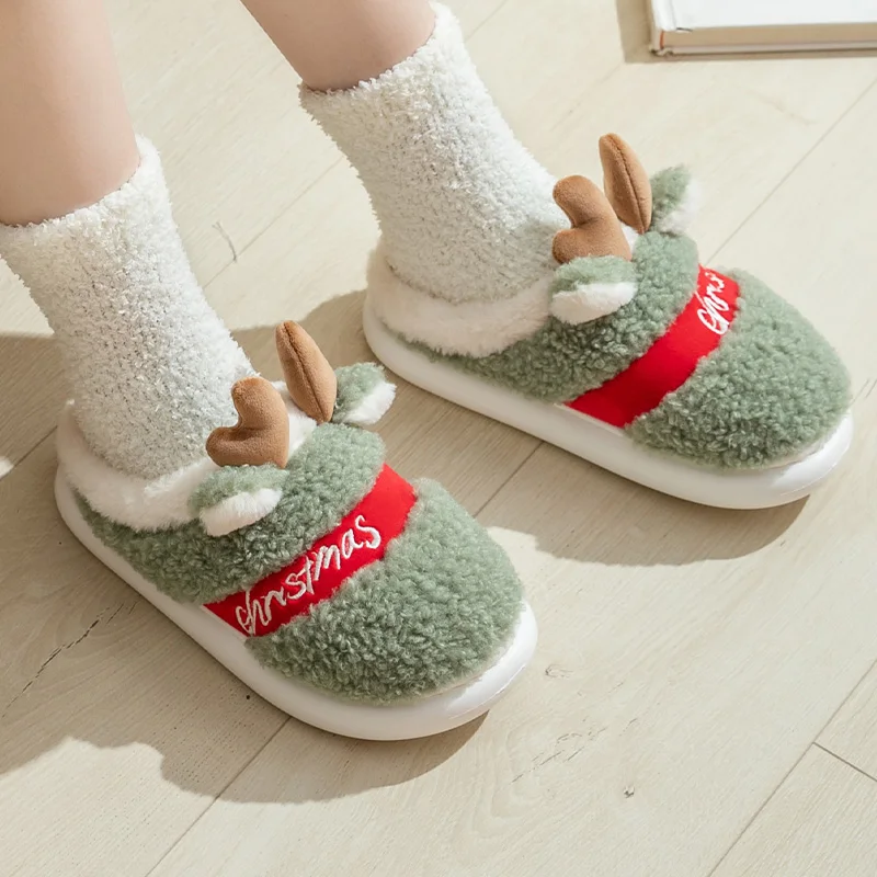Winter Cotton Warm Plush Fur Antiskid Christmas Slippers Deer Antler Cotton Mops Outdoor Breathable Sole Soft Home Couples Shoes - Image 3