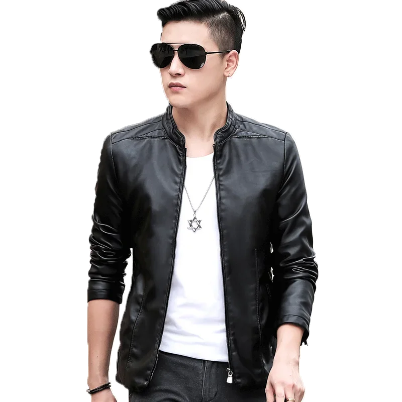 Fashion Solid Stand Collar Outwear Trendy Windproof Coat Streetwear Jackets Solid Color Casual Men's Motorcycle Leather Jacket - Image 5