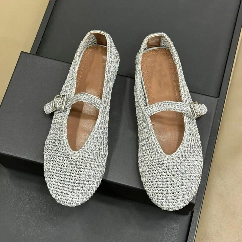 Knitted Hollow Out Flats Mary Janes Shoes Women Spring Summer Breathable Elegant Ballet Shoes Ladies buckle strap Loafers 2025 - Image 4