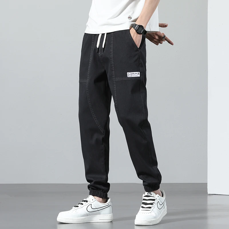 2024 Spring Summer Jeans Men Cotton Thin Beam Feet Harem Pants Elastic Drawstring Waist Light blue Joggers Trousers Male 28-38 - Image 3