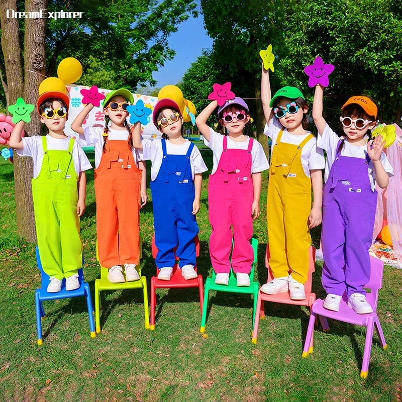 Boys Hip Hop Loose Colorful Overalls Girls Patchwork Dungaree Children Candy Color Jumpsuit Street Dance Romper Kids Streetwear - Image 2