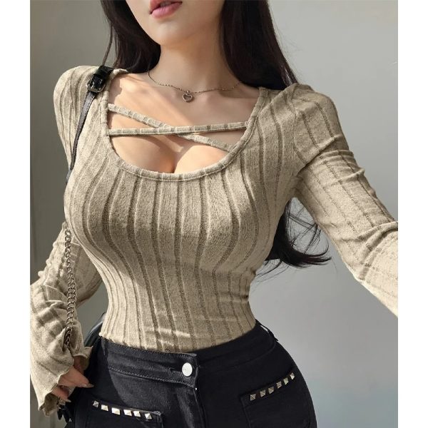 Autumn Winter Women’s Ribbed Square Neck Long Sleeve Knitted Top – Slim Fit Cross Strap Solid Casual Streetwear Tee