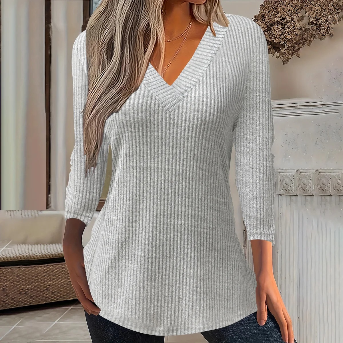 Women’s Ribbed V-Neck Long Sleeve T-Shirt – Autumn/Winter Slim Fit Casual Top - Image 7