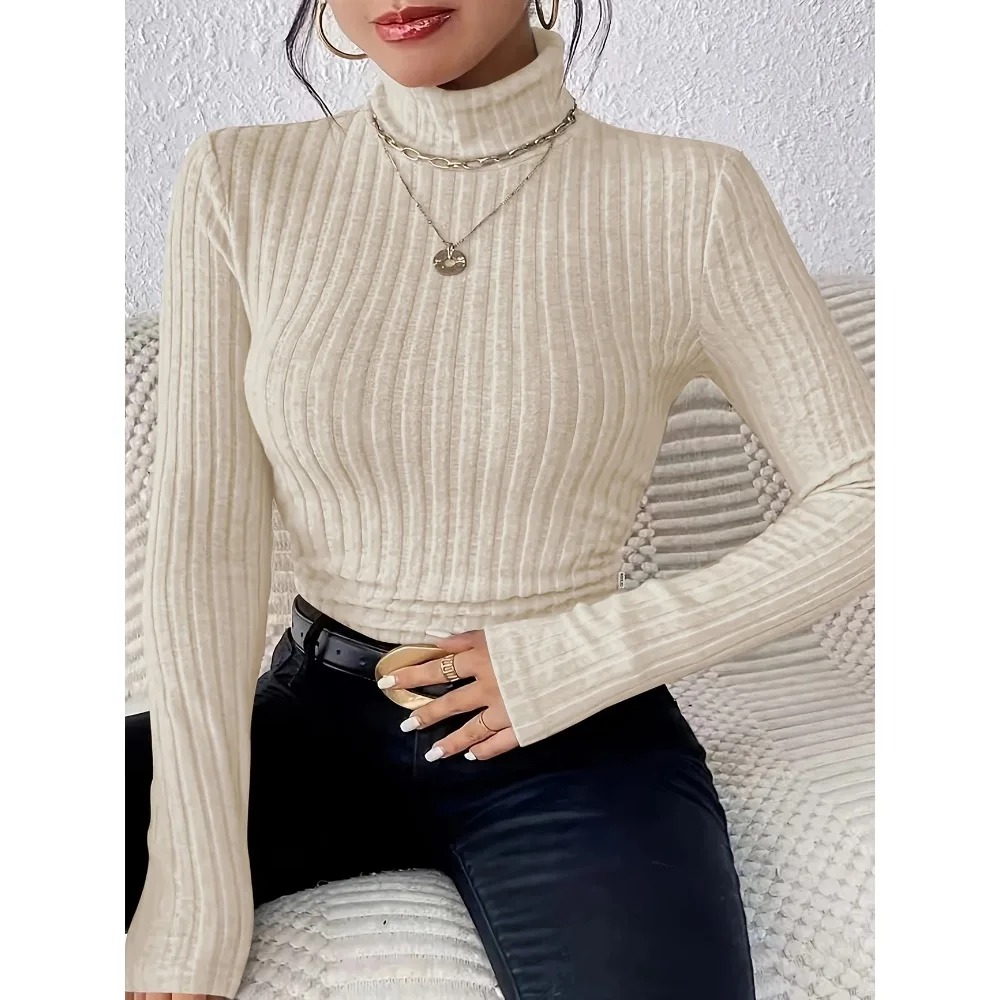 Plus Size Women’s Ribbed Knit Turtleneck Sweater 1XL–5XL – Long Sleeve Light Gray Slim Fit Pullover - Image 5