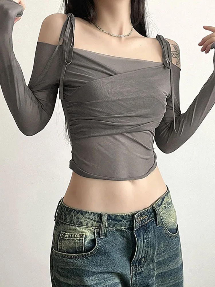Women’s Y2K Streetwear Slash Neck Off-Shoulder Long Sleeve Mesh Crop Top – Slim Fit Straps Tee