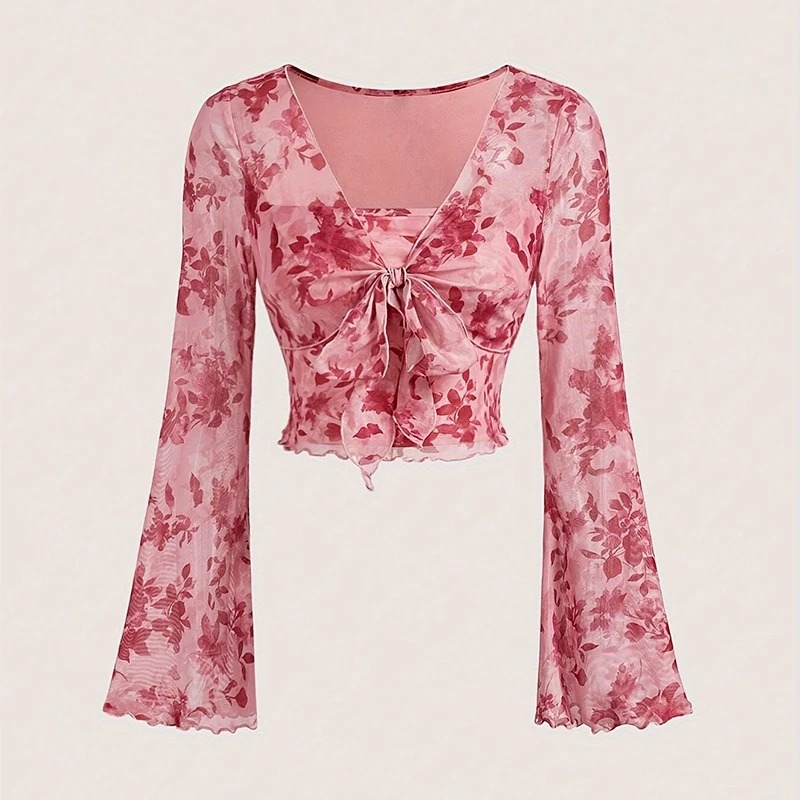Summer Women's Y2K Floral V-Neck Mesh Top – Lace-Up Flare Sleeve Beach Party Shirt - Image 7