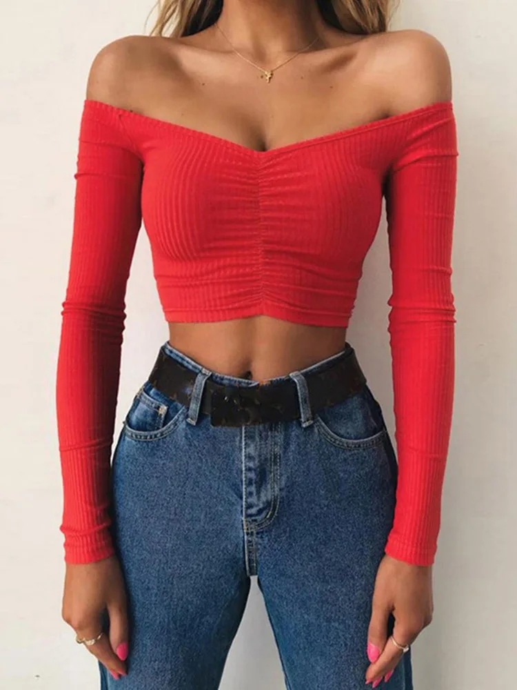 Women’s Off-Shoulder Long Sleeve T-Shirt – Solid Color Slim Fit Basic Tee for Autumn Streetwear Fashion - Image 2